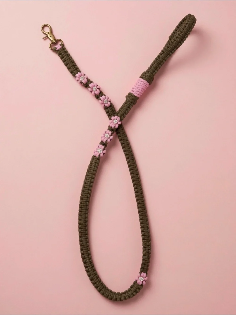 Handcrafted Olive Green and Pink Floral Braided Paracord leash with key chain